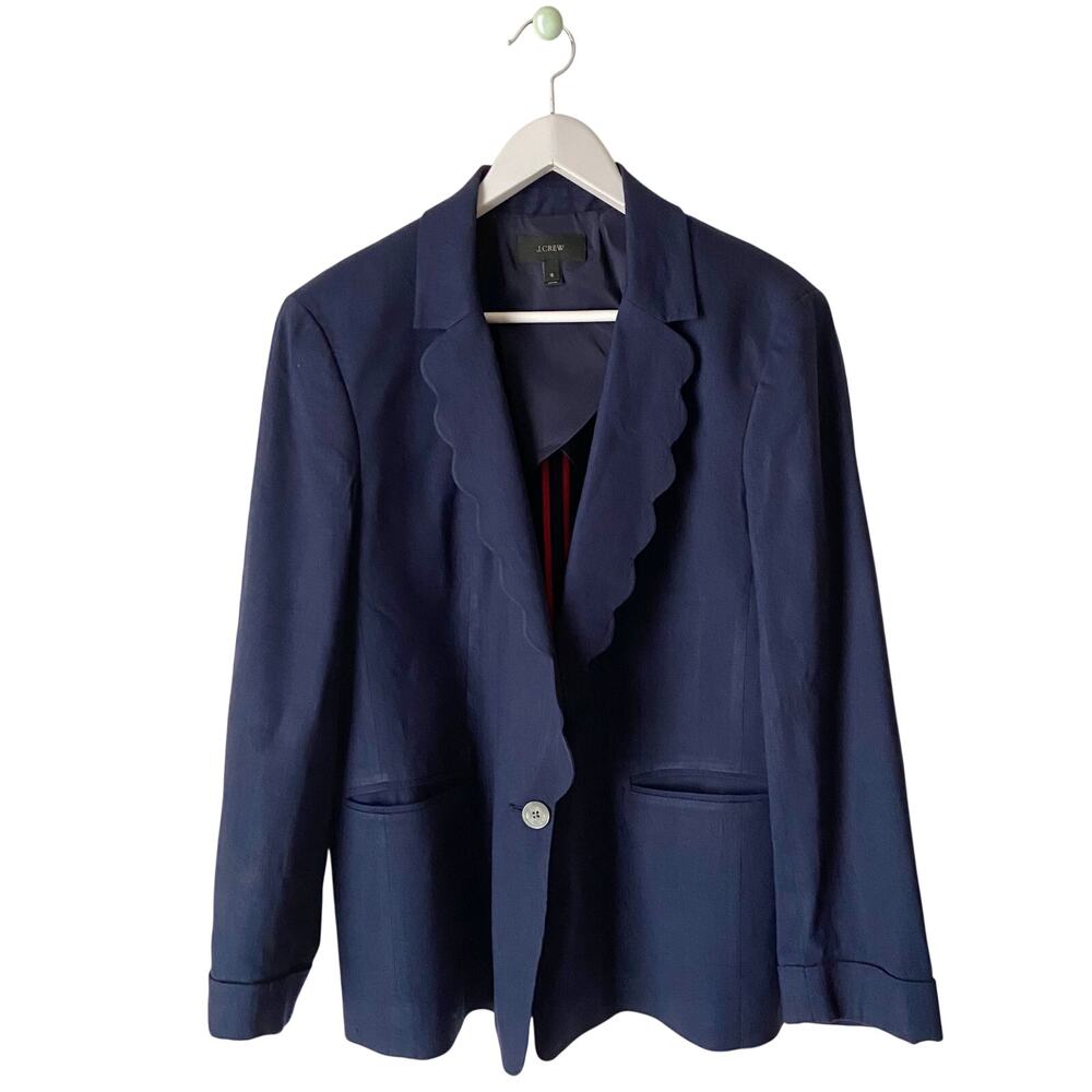J. Crew Scalloped Collar Navy Blue Linen Blazer Size 16